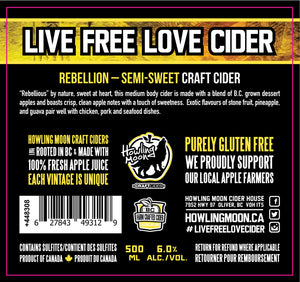 Traditional Rebellion Semi-Sweet Howling Moon Craft Cider, made from heritage apples in Oliver BC Label