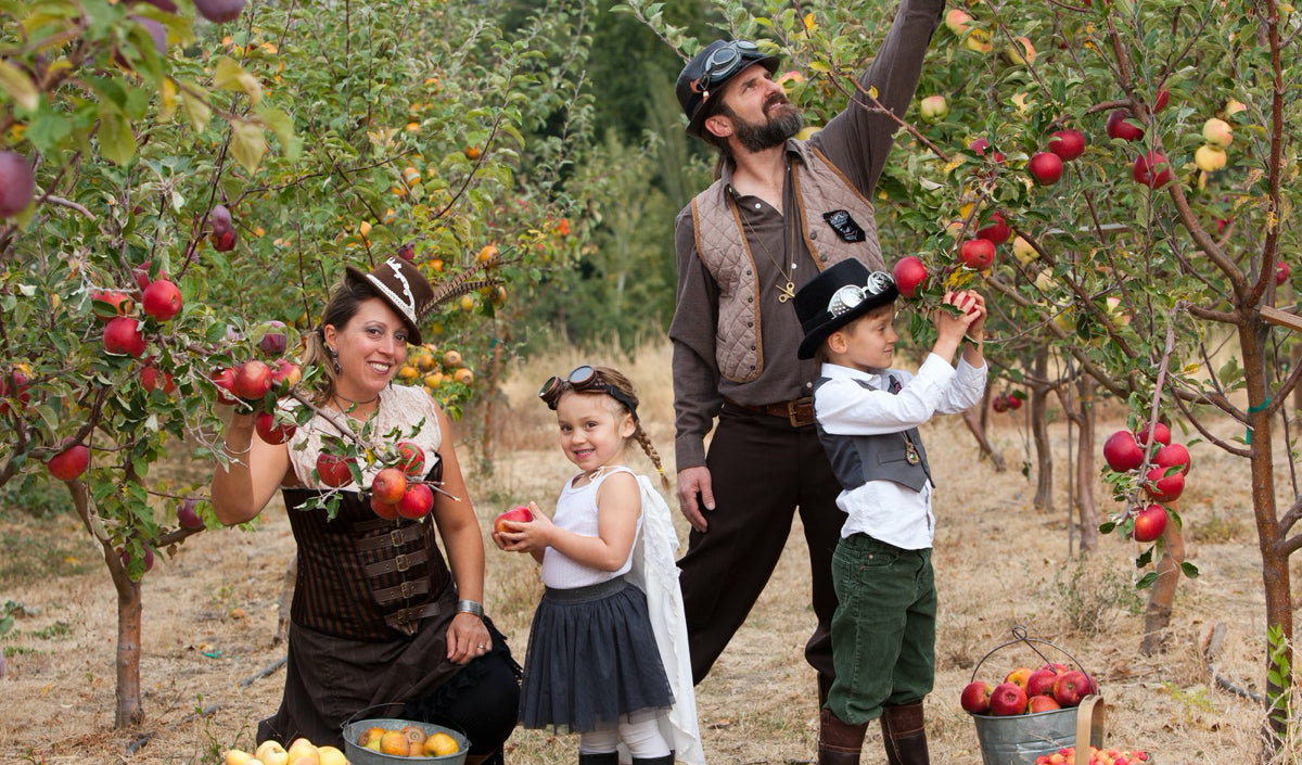 Kate, Nik and their two kids pick heritage apples in their Howling Moon craft cider orchard in Oliver BC