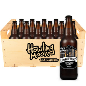 Charred Whiskey Barrel Aged Howling Moon Craft Cider, made from heritage apples in Oliver BC 12 bottle