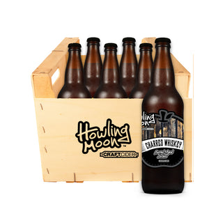 Charred Whiskey Barrel Aged Howling Moon Craft Cider, made from heritage apples in Oliver BC 6 bottle