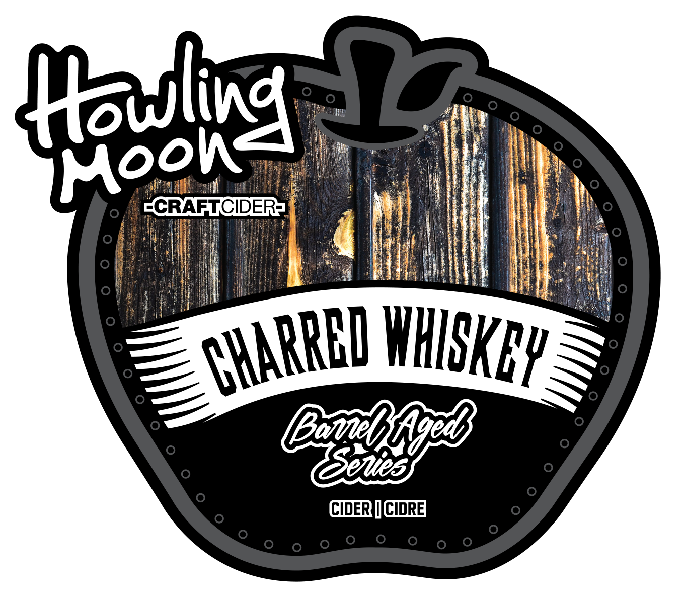 Charred Whiskey Barrel Aged Howling Moon Craft Cider, made from heritage apples in Oliver BC