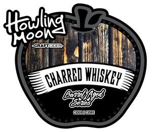 Charred Whiskey Barrel Aged Howling Moon Craft Cider, made from heritage apples in Oliver BC Label