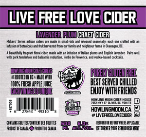 Maker's Series Lavender Plum Howling Moon Craft Cider, made from heritage apples in Oliver BC Label