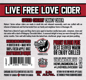 Maker's Series Spiced Cherry Howling Moon Craft Cider, made from heritage apples in Oliver BC Label