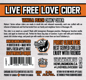 Maker's Series Vanilla Peach Howling Moon Craft Cider, made from heritage apples in Oliver BC Label